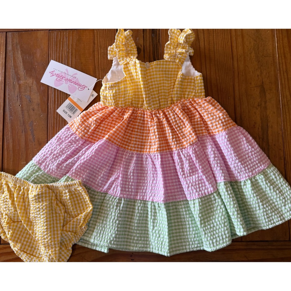 Bonnie Baby NWT 12M Pastel Rainbow Gingham Seersucker Tiered Dress - Picture 2 of 4